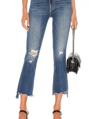 MOTHER Medium Blue Cropped Distressed Flare Jeans